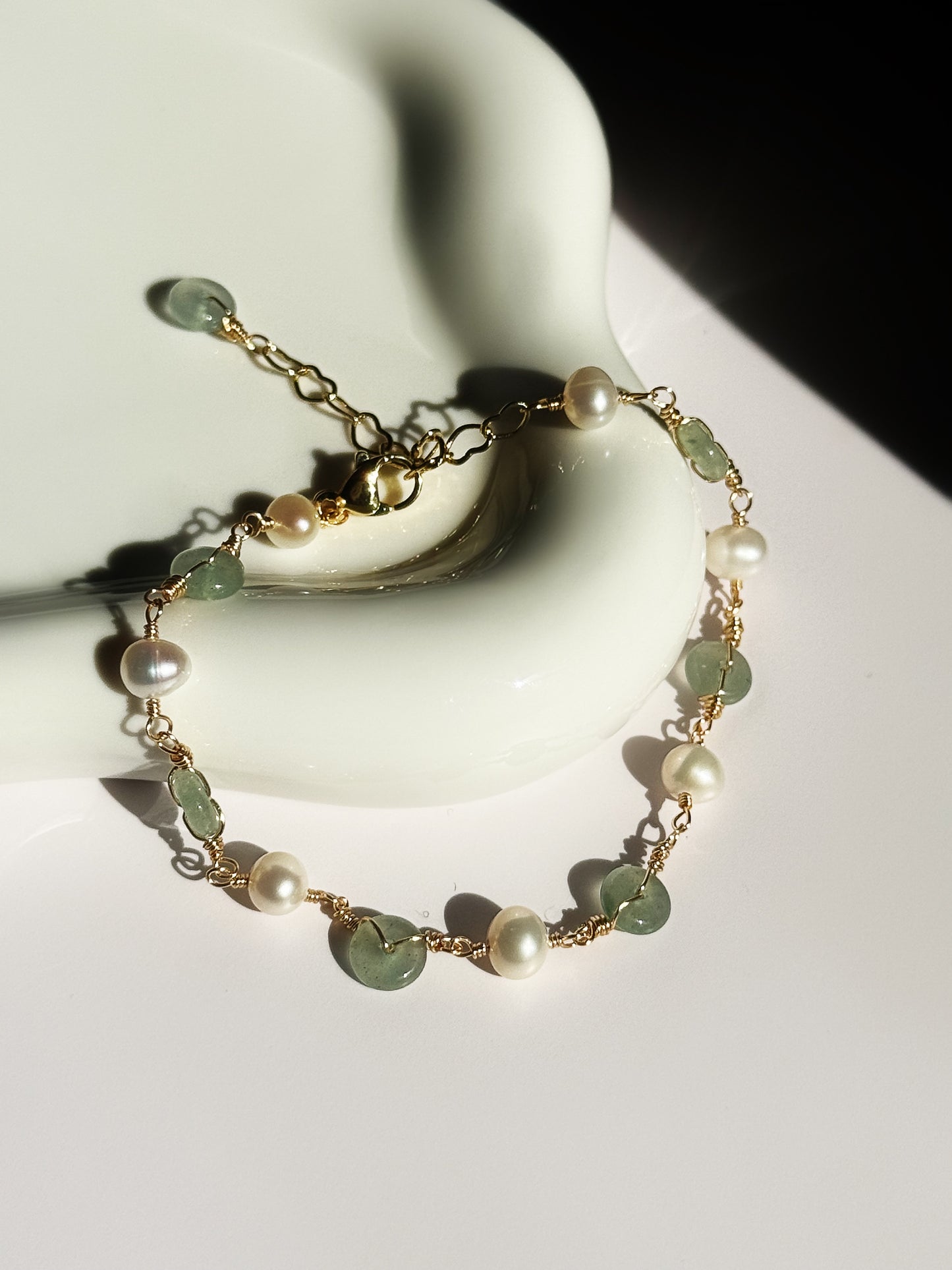 Alina Jade Bracelet featuring Dongling jade and freshwater pearls on 14k gold-filled links