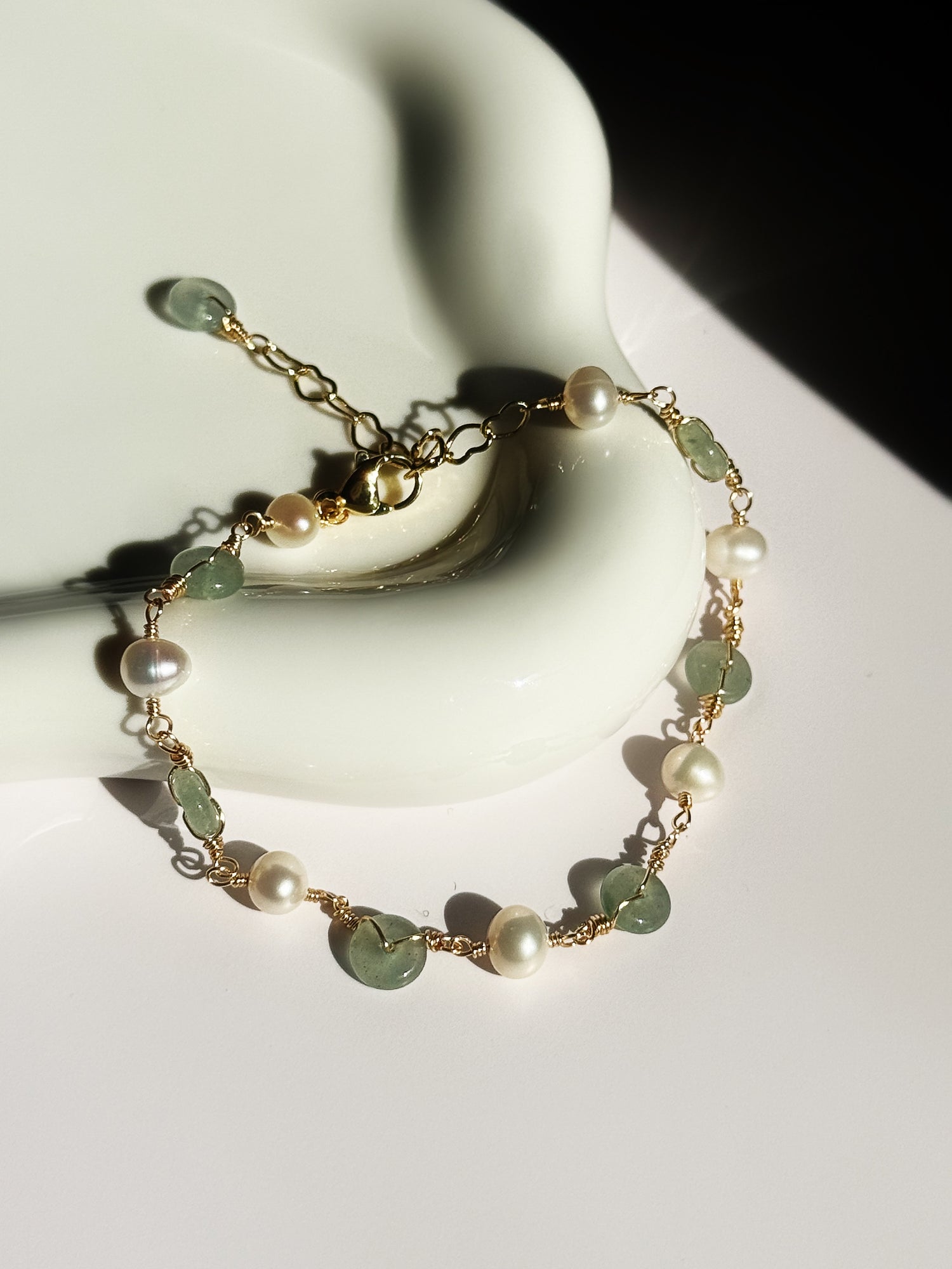 Alina Jade Bracelet featuring Dongling jade and freshwater pearls on 14k gold-filled links