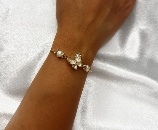 Gold-Plated Freshwater Pearl Butterfly Bracelet 